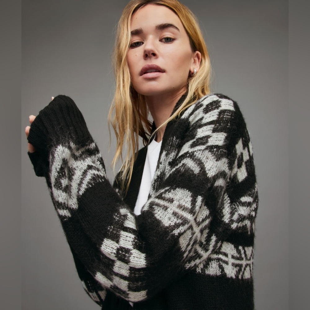 All Saints Tora Fair Isle Fuzzy Cardigan Black White M EUC